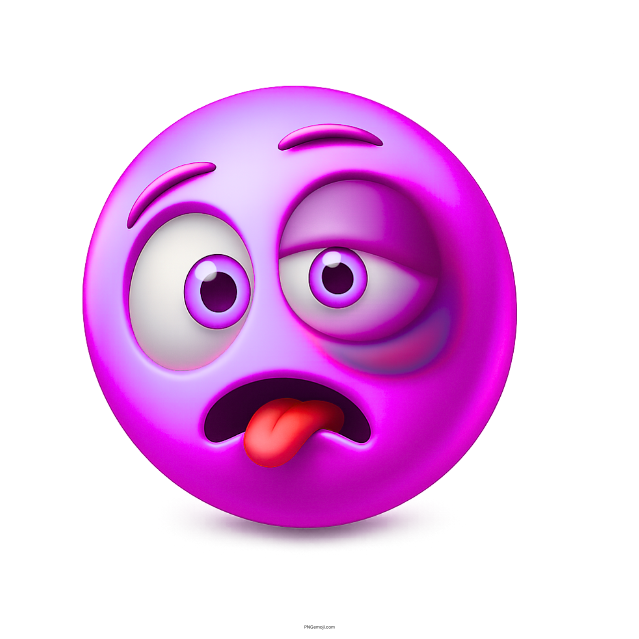 Purple emoji with swollen bruised eye and tongue out in stunned expression