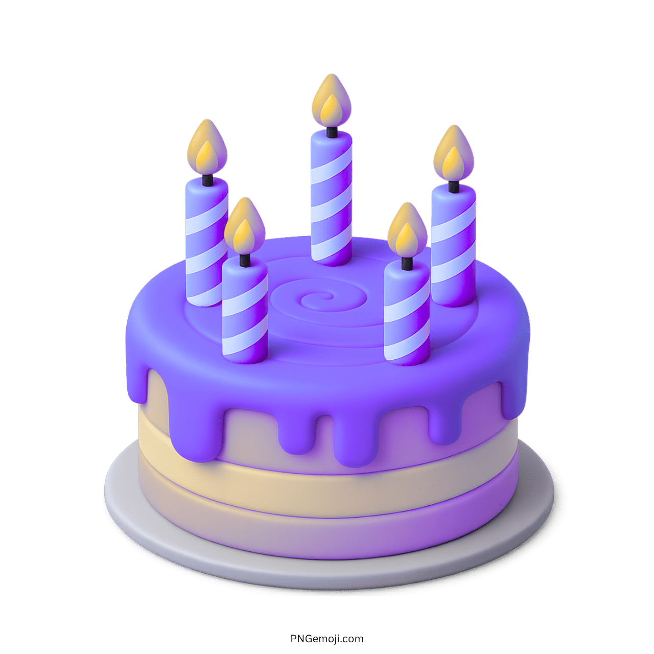 3D purple birthday cake emoji with striped candles and swirl icing decoration.