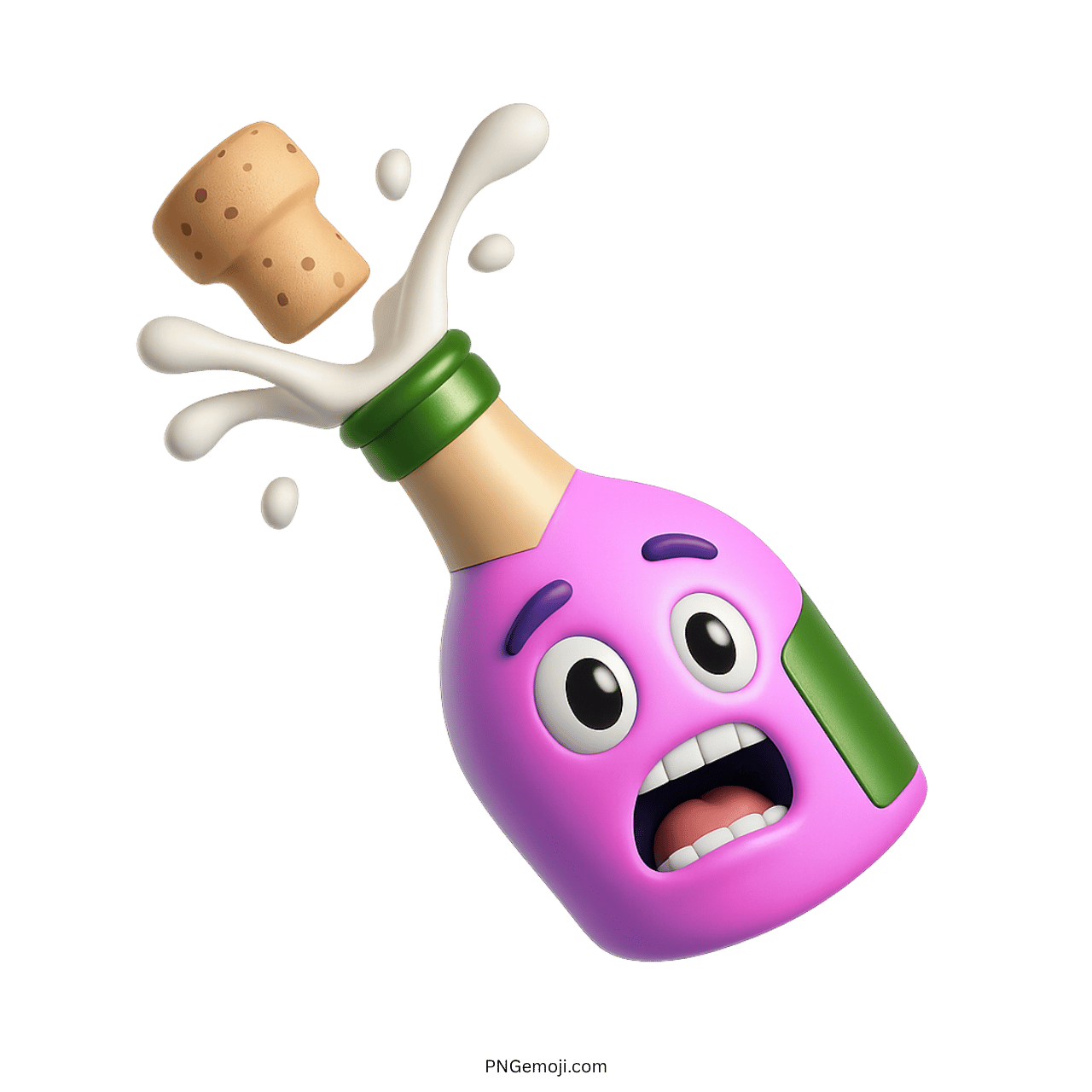 Purple champagne emoji bottle popping with splash and shocked cartoon expression