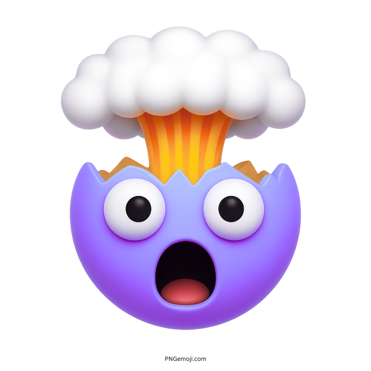 Purple exploding head emoji cartoon shocked face with mushroom cloud burst