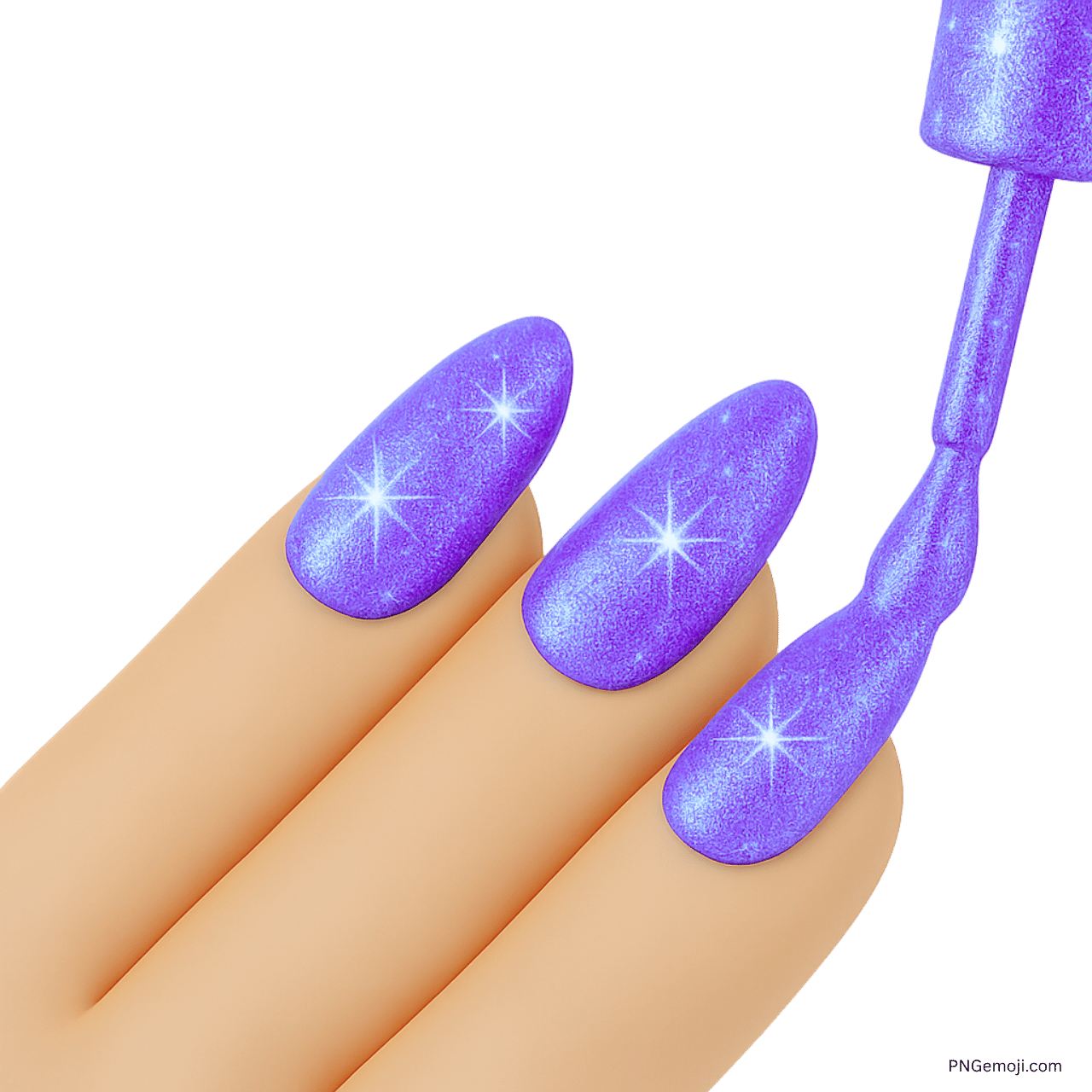Glossy purple glitter nail polish on emoji fingers with manicure brush in 3D style