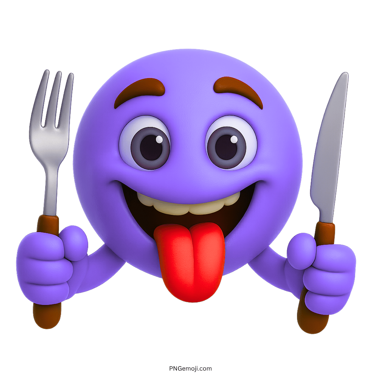 Purple hungry emoji with tongue out holding fork and knife, excited to eat