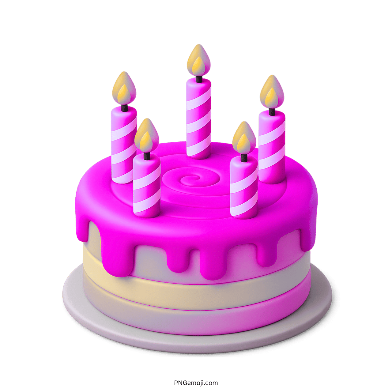3D purple and pink birthday cake emoji with candles and dripping icing.