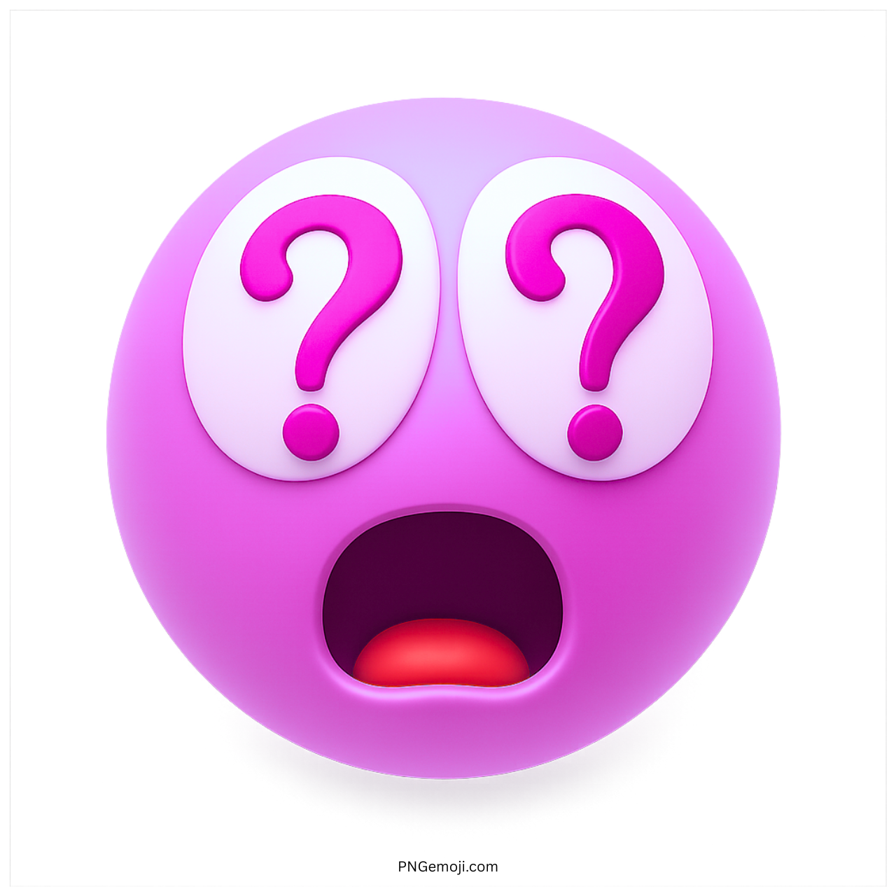 Purple emoji face with question mark eyes and wide surprised red mouth