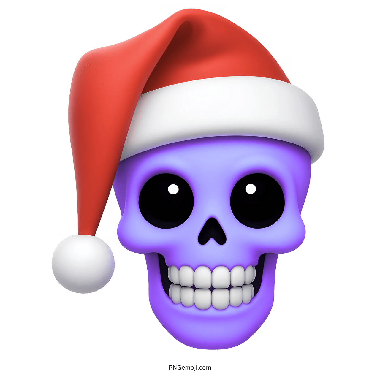 3D purple skull emoji with Santa hat and wide smile in cartoon style
