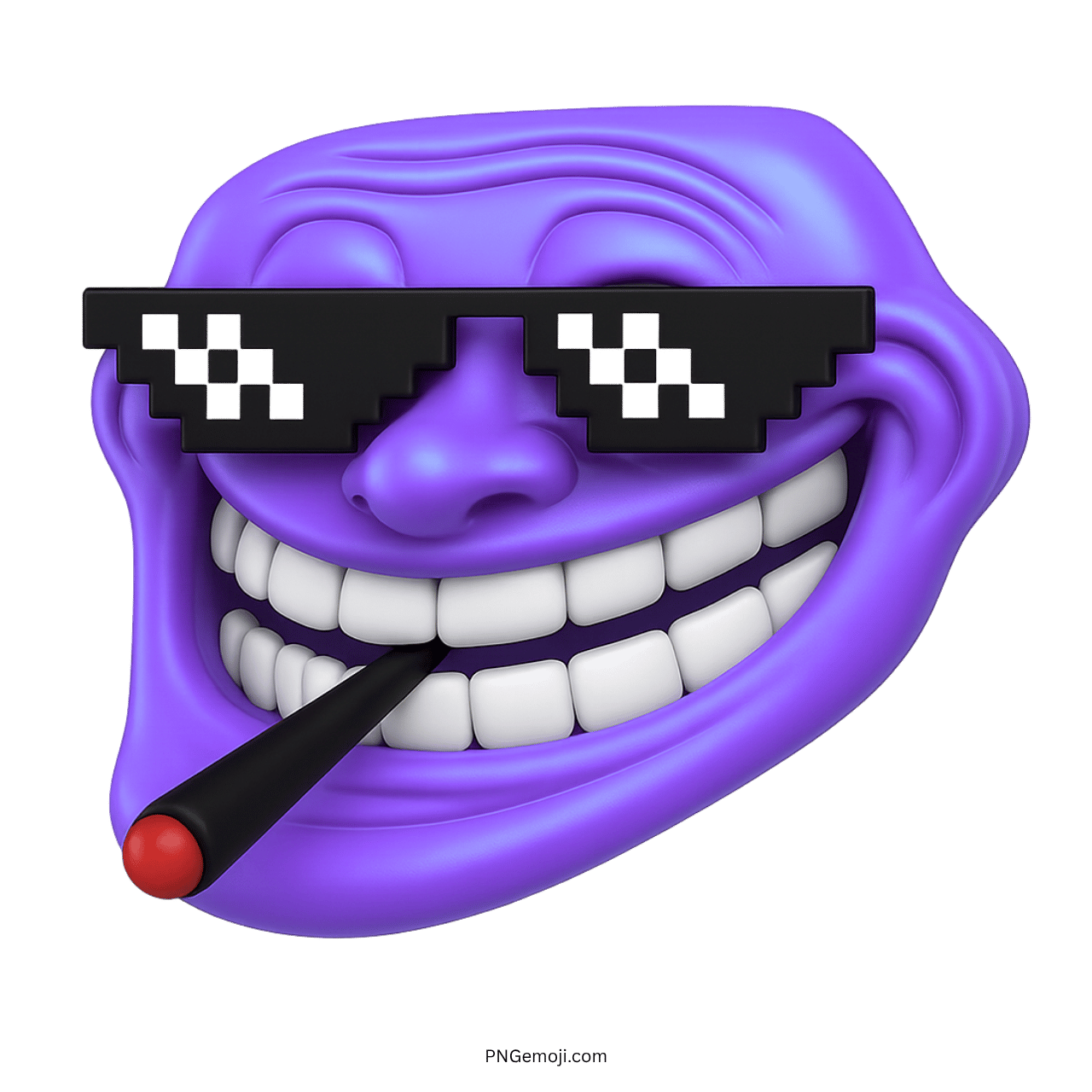 Purple smoking troll face emoji with thug life glasses and cigar in mouth