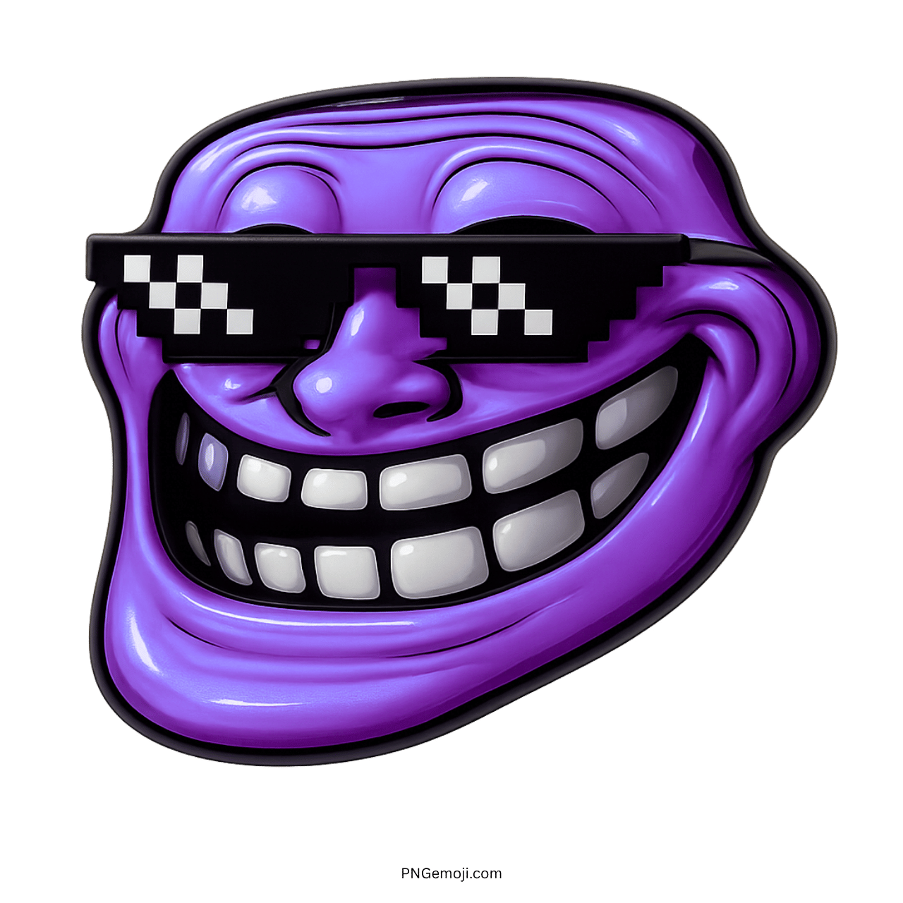 Purple troll face meme wearing pixel thug life sunglasses and smiling with mischievous grin