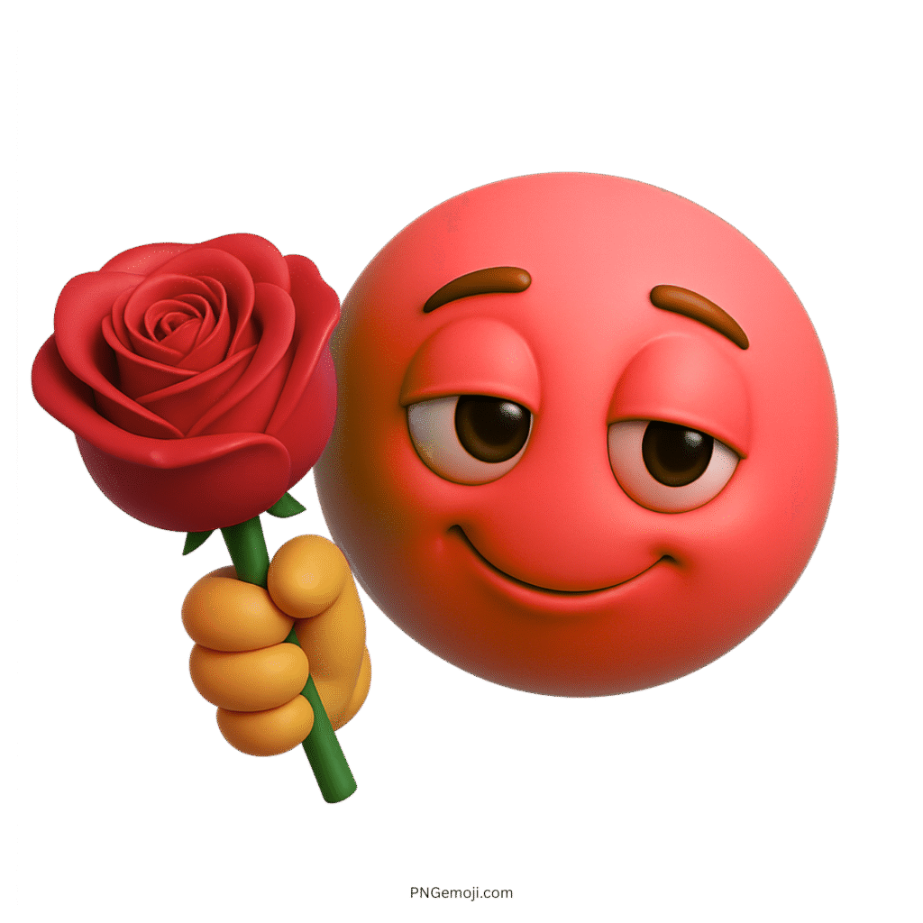 Red 3D emoji smiling warmly while holding a red rose in hand