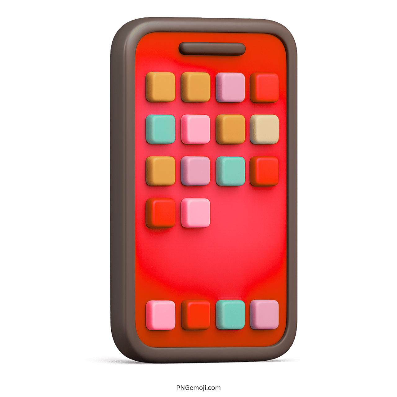 Red 3D smartphone emoji with multicolored square app icons on bright screen