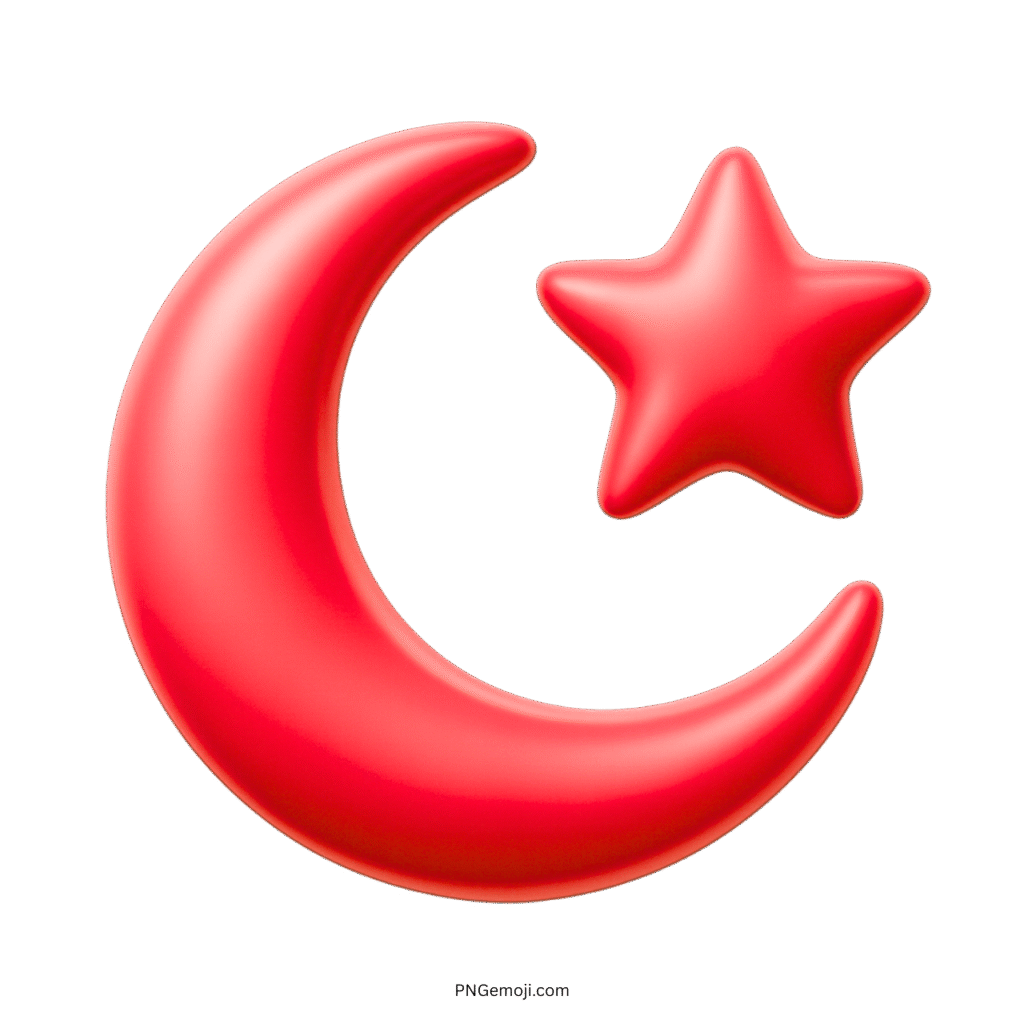 Red 3D crescent and star Islamic emoji symbol with glossy modern design
