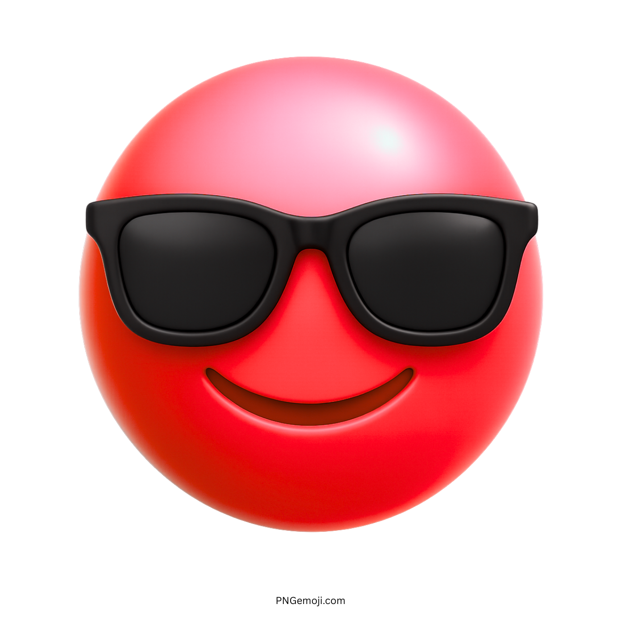 Glossy red 3D emoji wearing black sunglasses with a cool confident smile