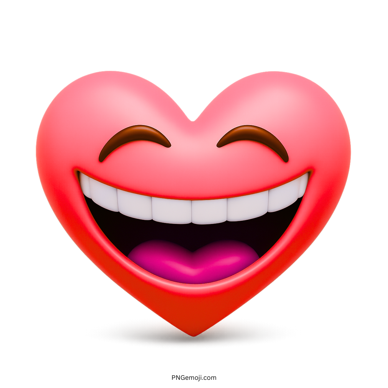 Red heart emoji with wide toothy smile and closed eyes in 3D cartoon design