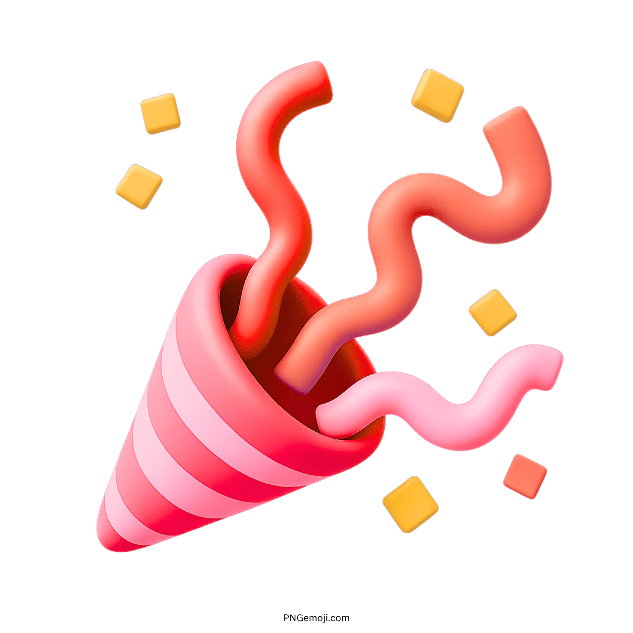 Red 3D confetti emoji PNG with streamers and celebration cubes on transparent background