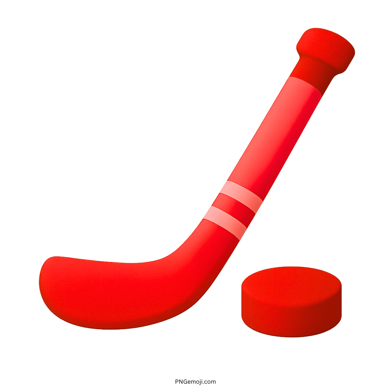 Red ice hockey stick and puck emoji on green background, sport equipment, cartoon style, bold colors.