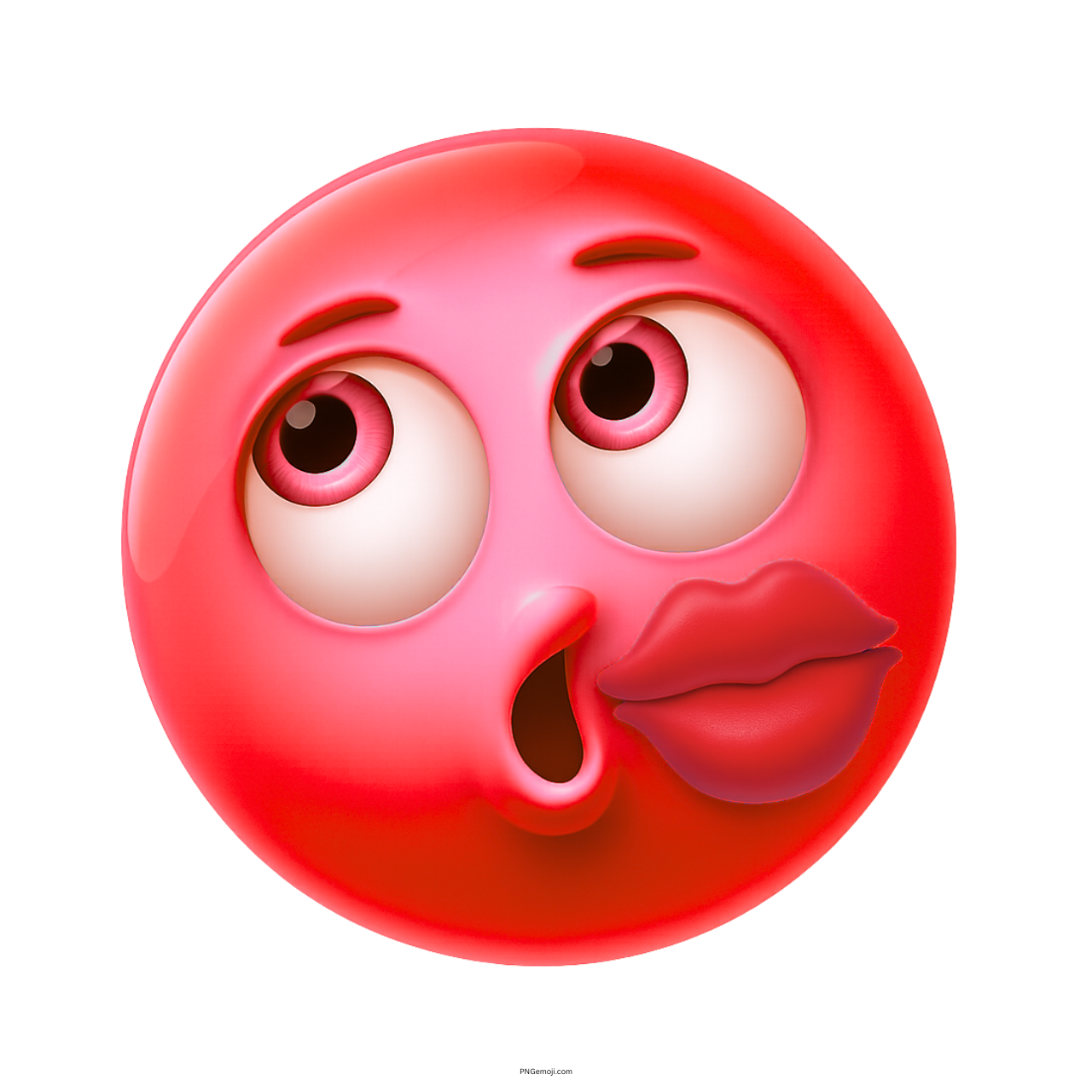 3D red emoji with big eyes and lipstick kiss on cheek cartoon style
