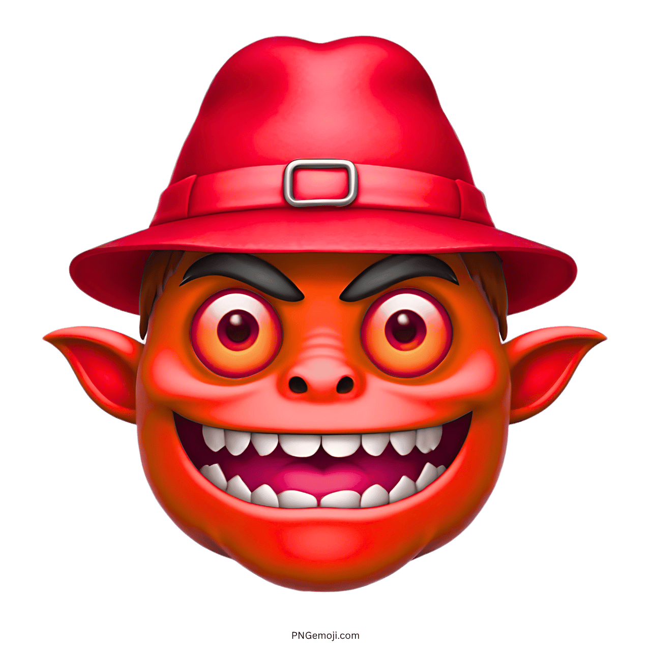 Red monster with red eyes, wide grin, and red hat, emoji character.