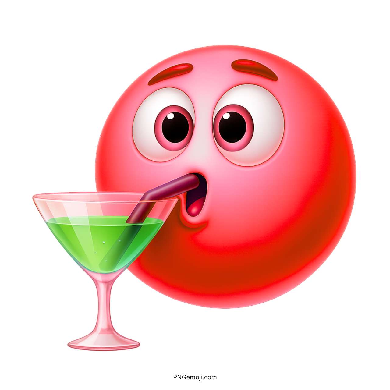 Red emoji face drinking green martini cocktail with straw in transparent glass icon