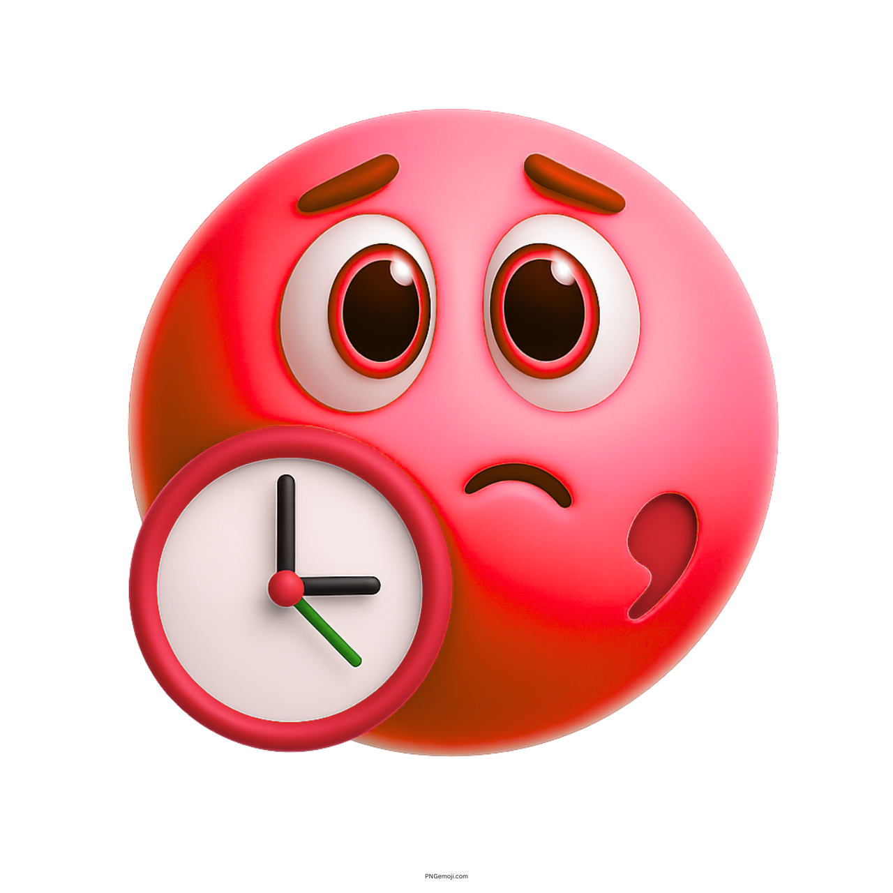 3D red waiting emoji with stressed eyes and clock showing delay or pressure