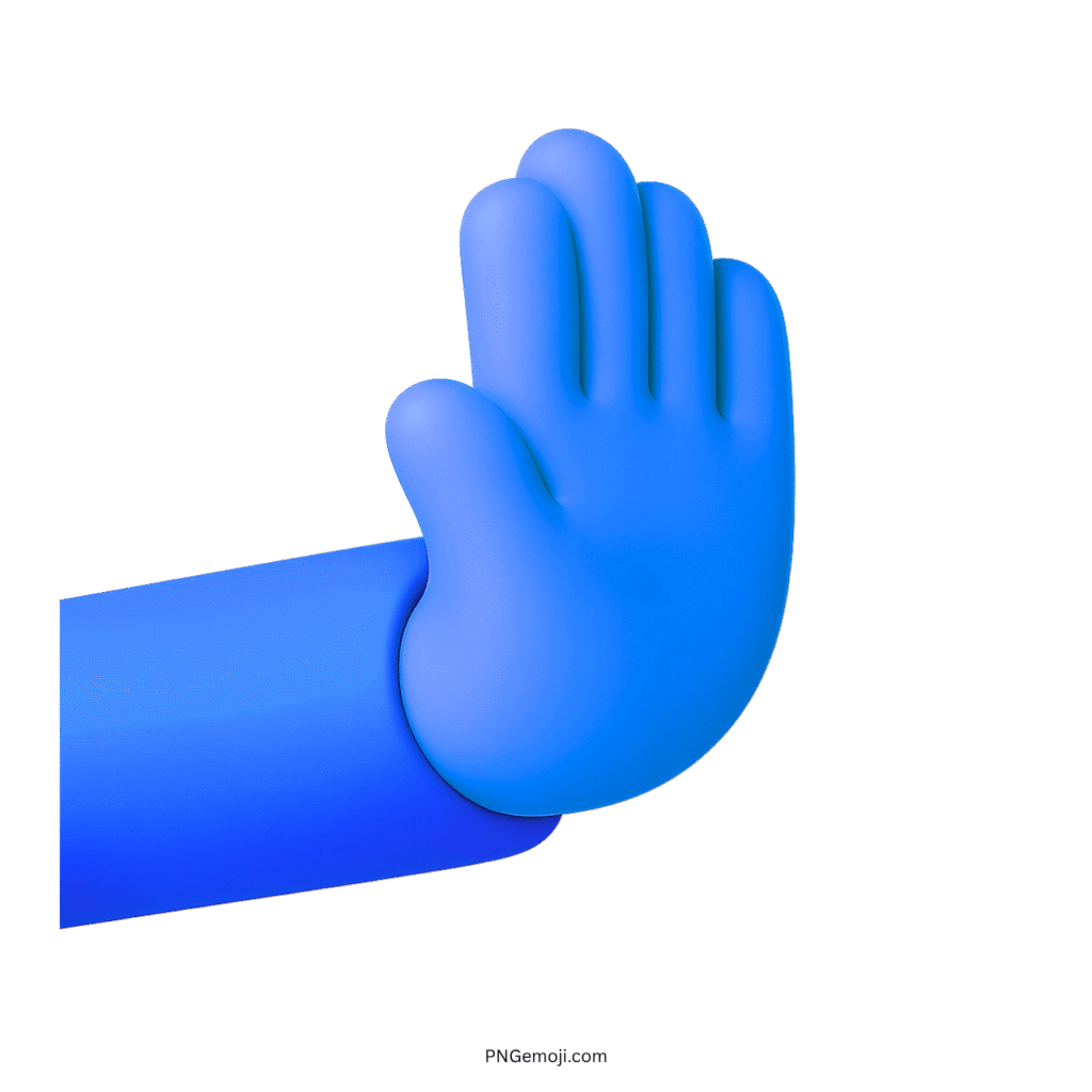  3D rightwards pushing hand emoji in blue with raised palm.