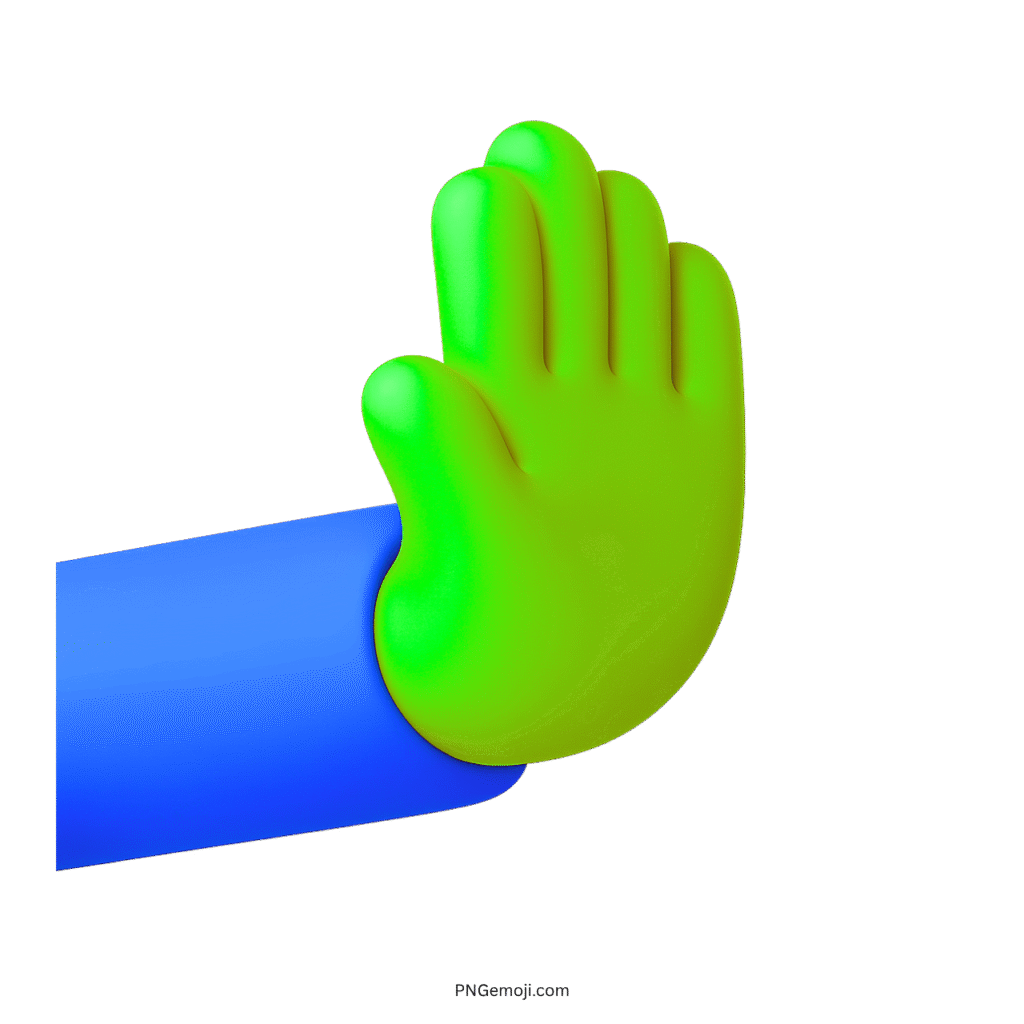 3D rightwards pushing hand emoji with green hand and blue sleeve in PNG format.