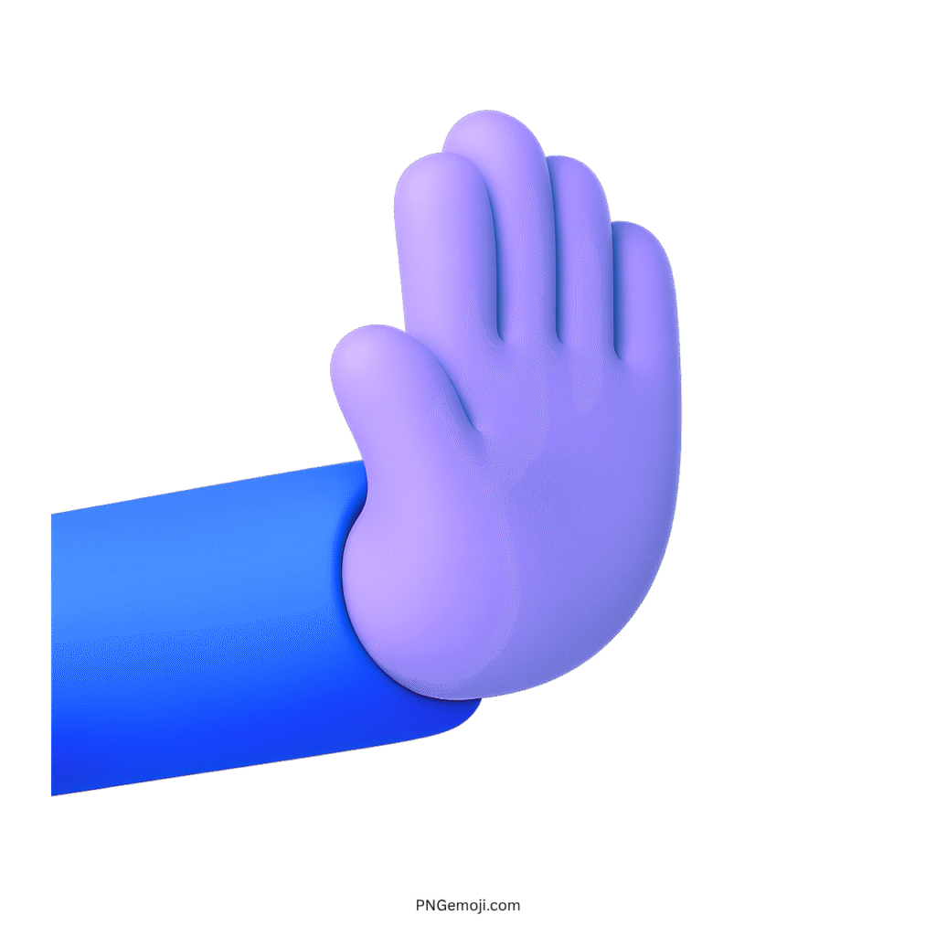 3D rightwards pushing hand emoji with purple hand and blue sleeve in PNG format.