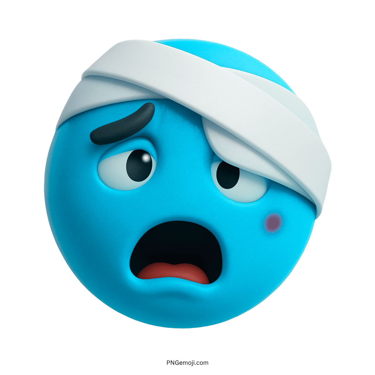 Sad emoji with a blue face and head bandage, showing distress
