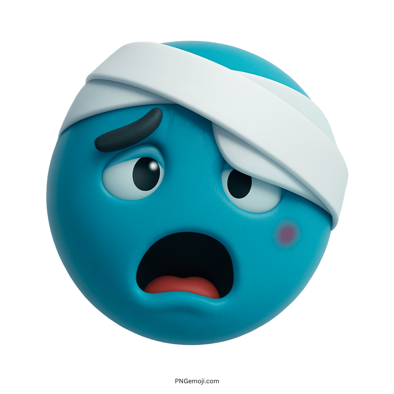 Sad emoji with a light blue face and head bandage, showing distress