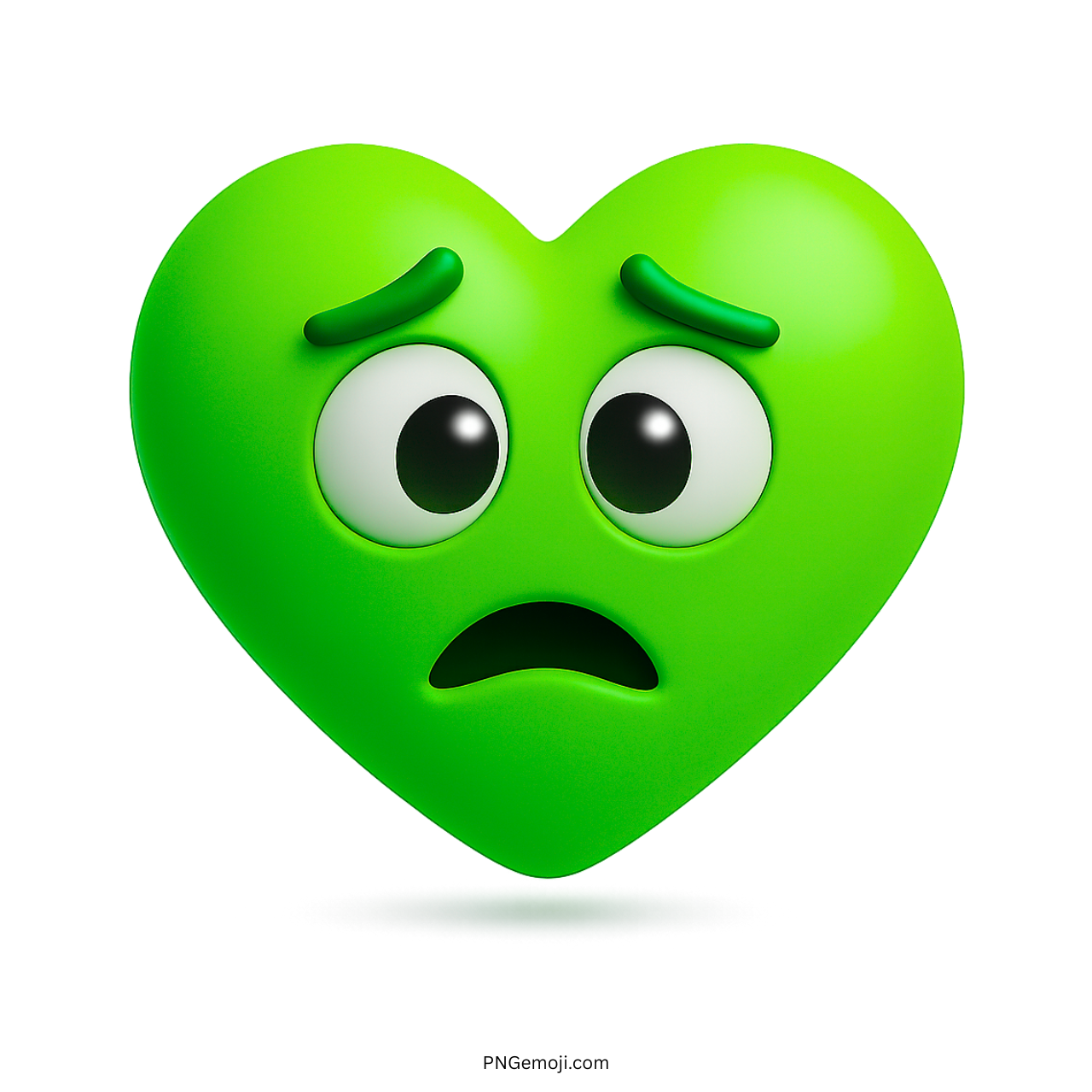 3D green heart emoji with a sad worried face and scared expression