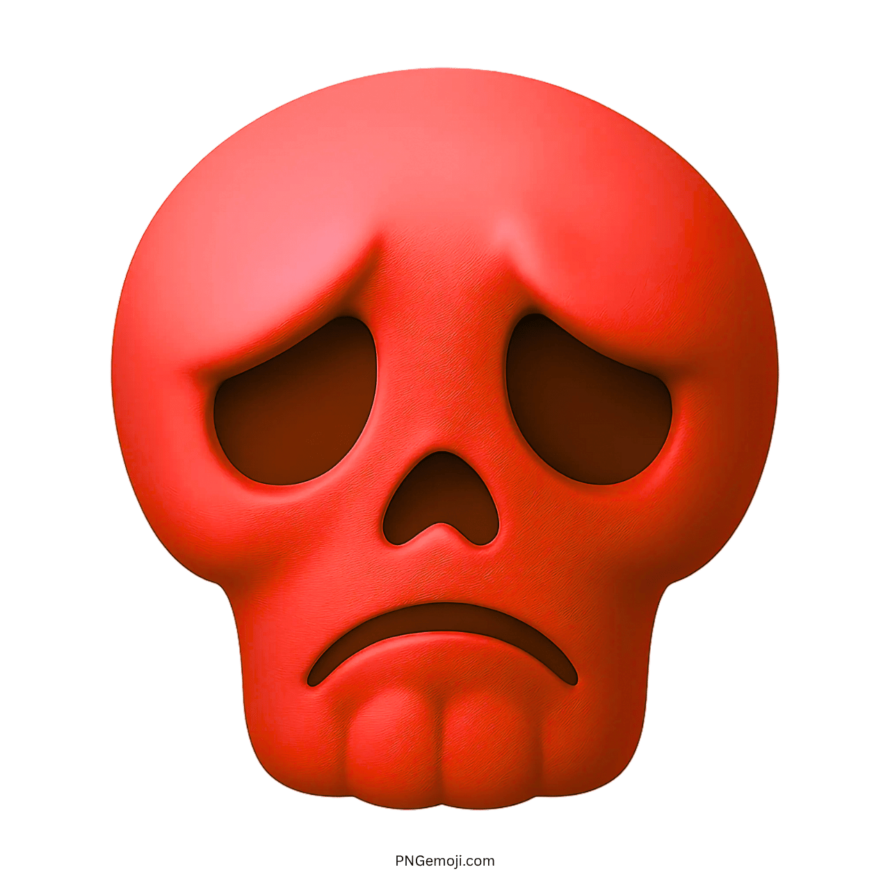 3D red sad skull emoji with downturned mouth and deep dark eyes