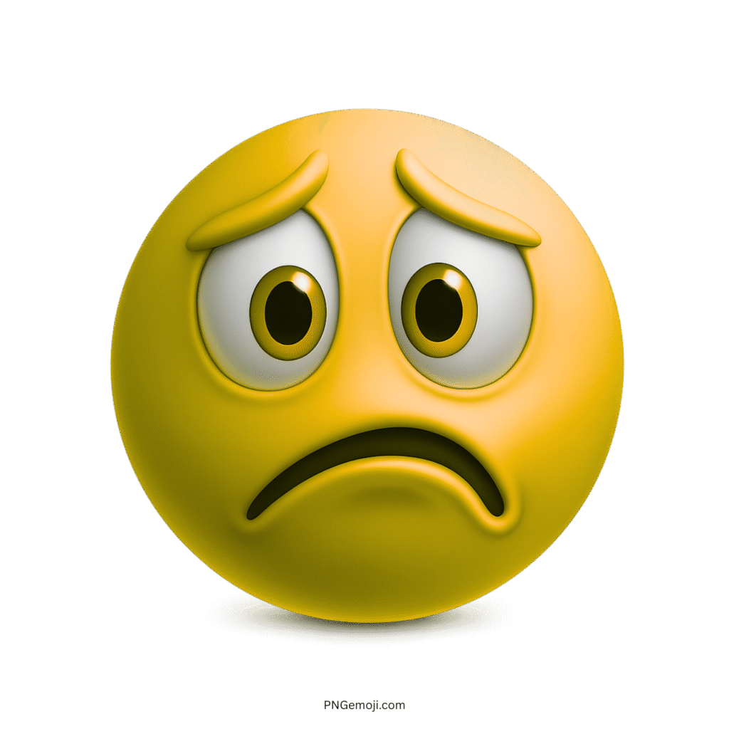 Sad yellow emoji with large eyes and deep frown showing apology and regret