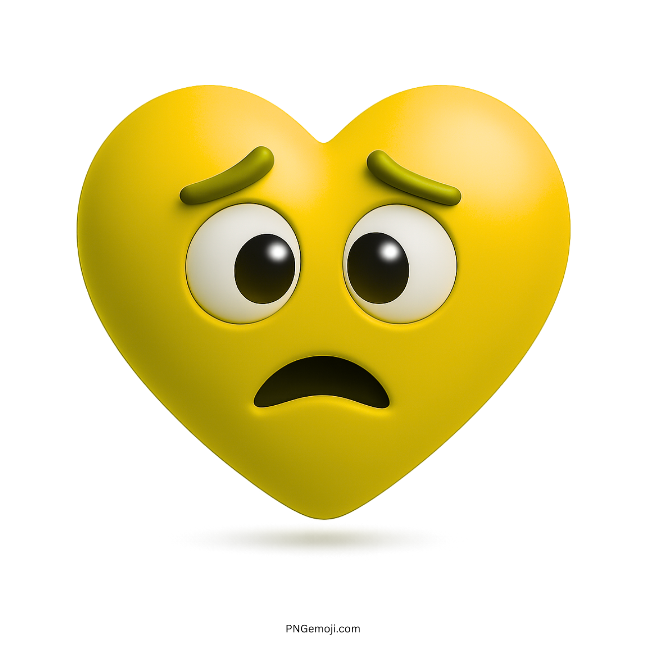 3D yellow heart emoji with sad scared face and raised worried eyebrows