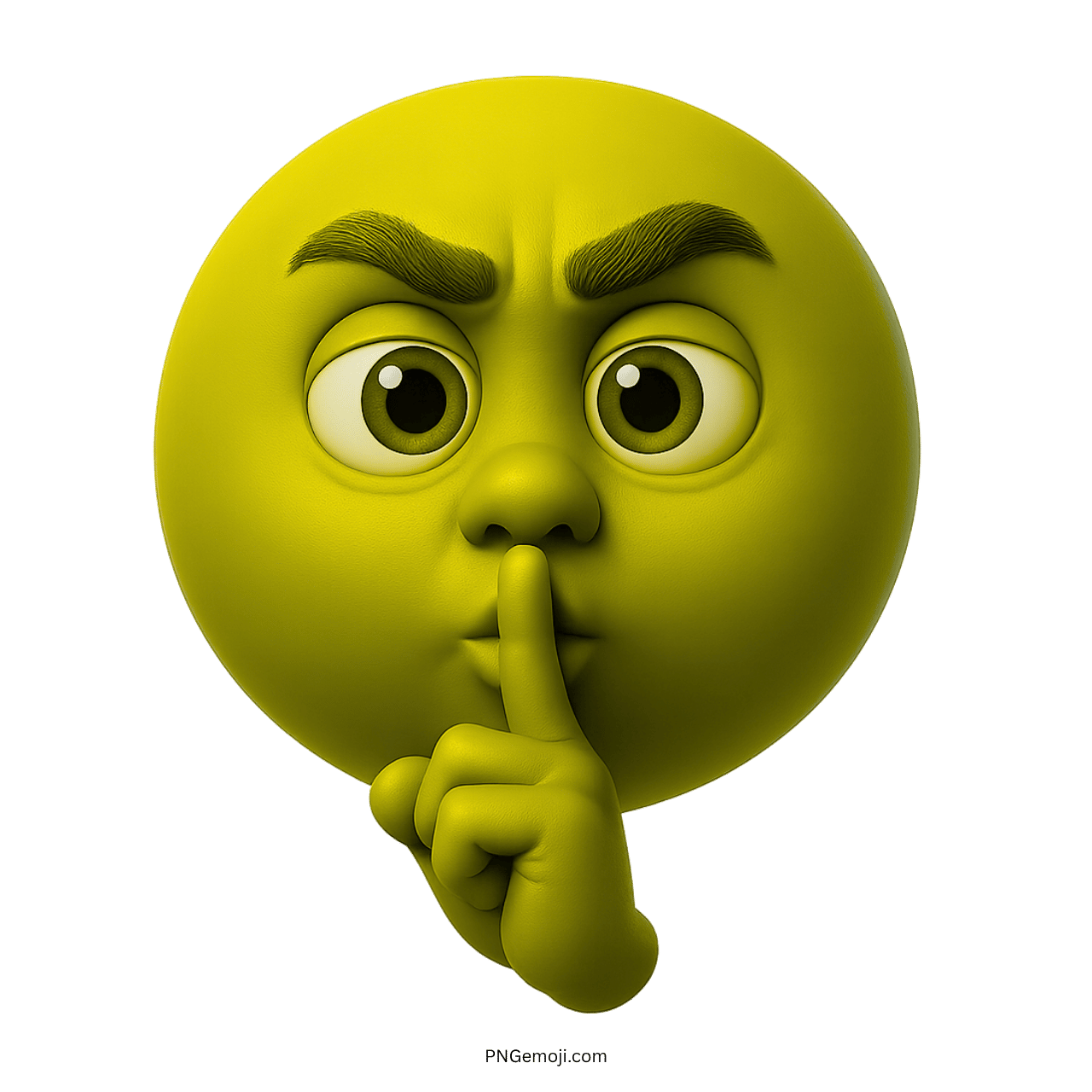 3D yellow shushing face emoji with serious eyes and finger on lips