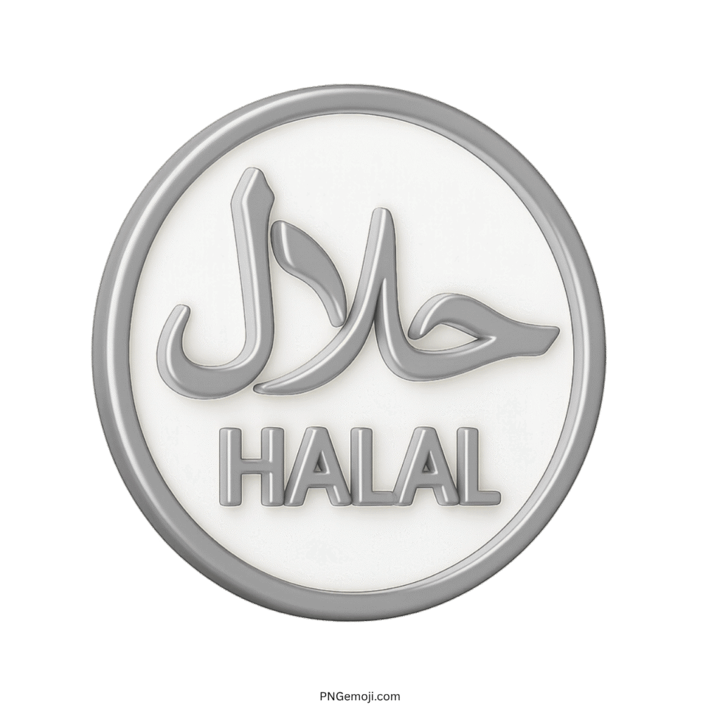3D silver halal symbol in Arabic and English on a white circular background