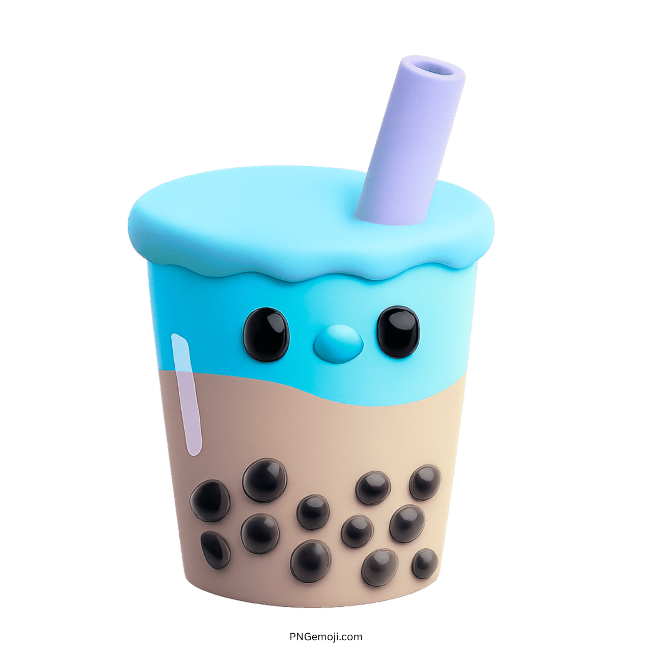 Sky blue bubble tea emoji with kawaii face and light purple straw PNG