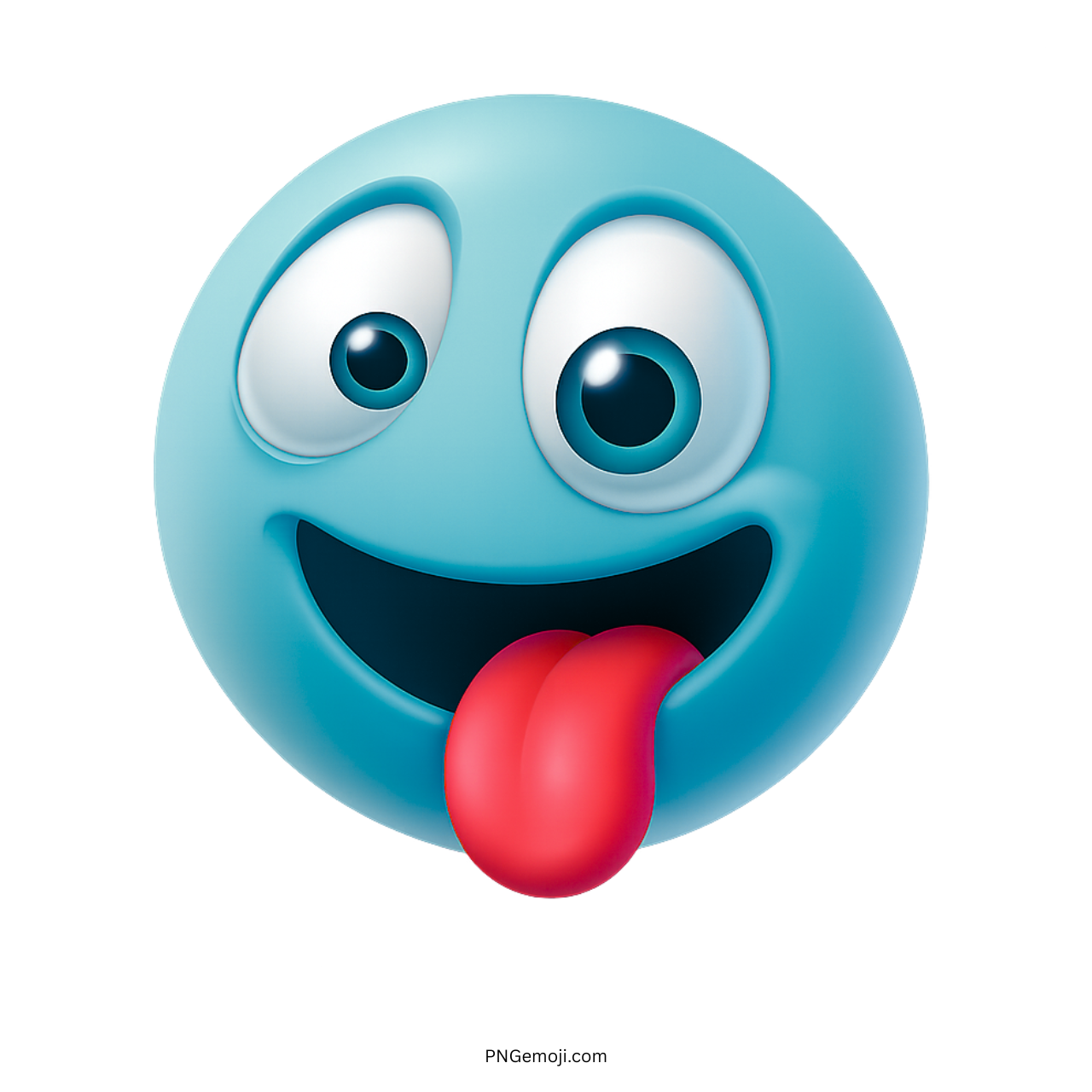 Sky blue silly emoji with big cartoon eyes and red tongue sticking out