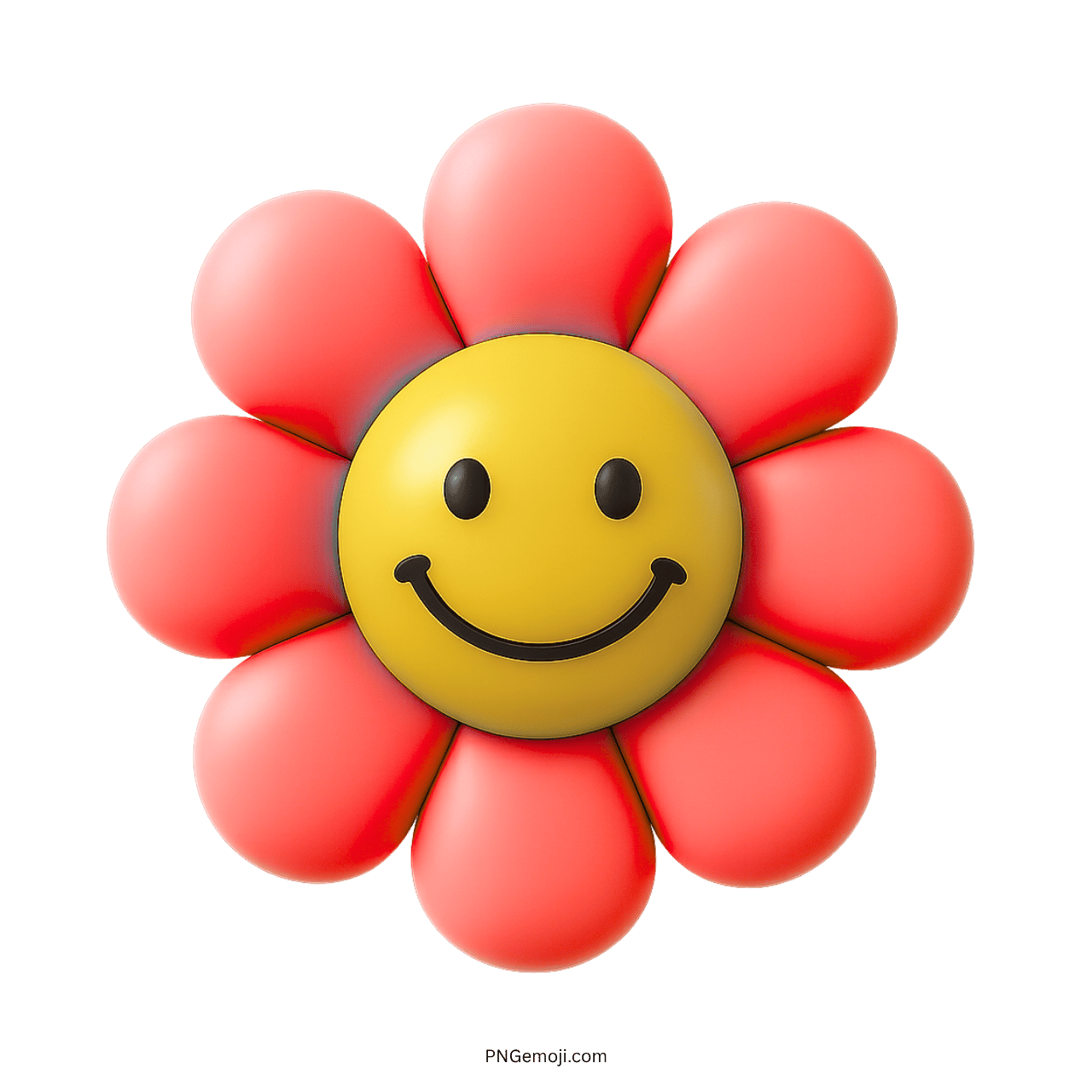 Smiley flower emoji with bright yellow smiley face and coral pink petals on a green background.