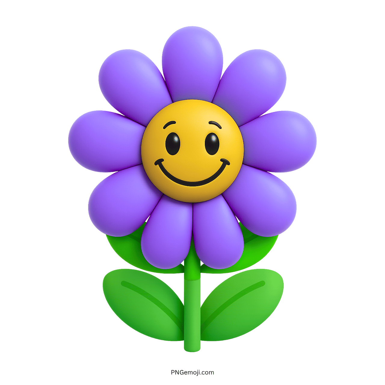Smiling purple flower emoji with yellow center and green leaves on transparent background.