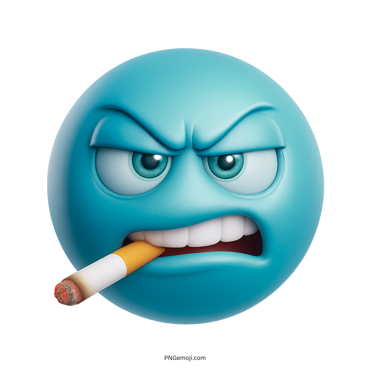 Teal blue 3D angry emoji smoking cigarette with bold cartoon expression