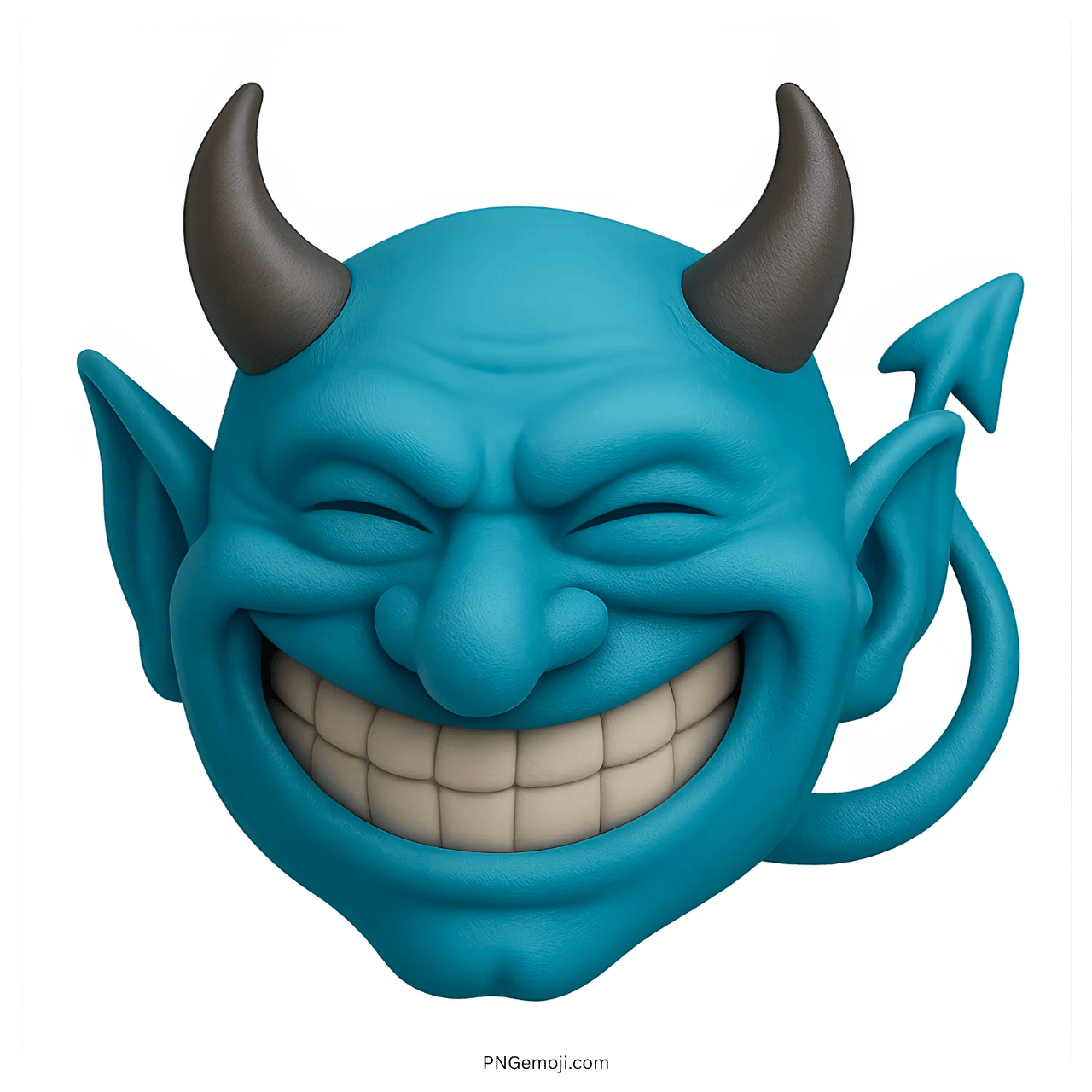 Teal blue devil troll face emoji with evil grin, black horns, and curled tail