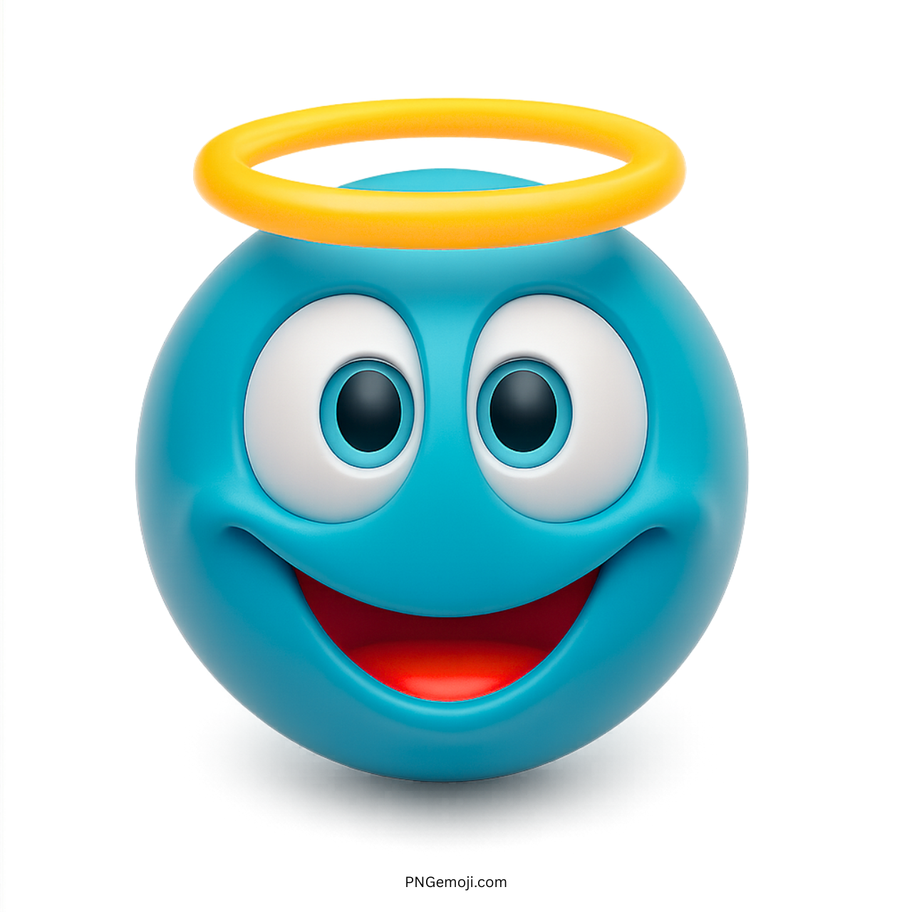 3D teal blue innocent smiley emoji with yellow halo and bright happy face