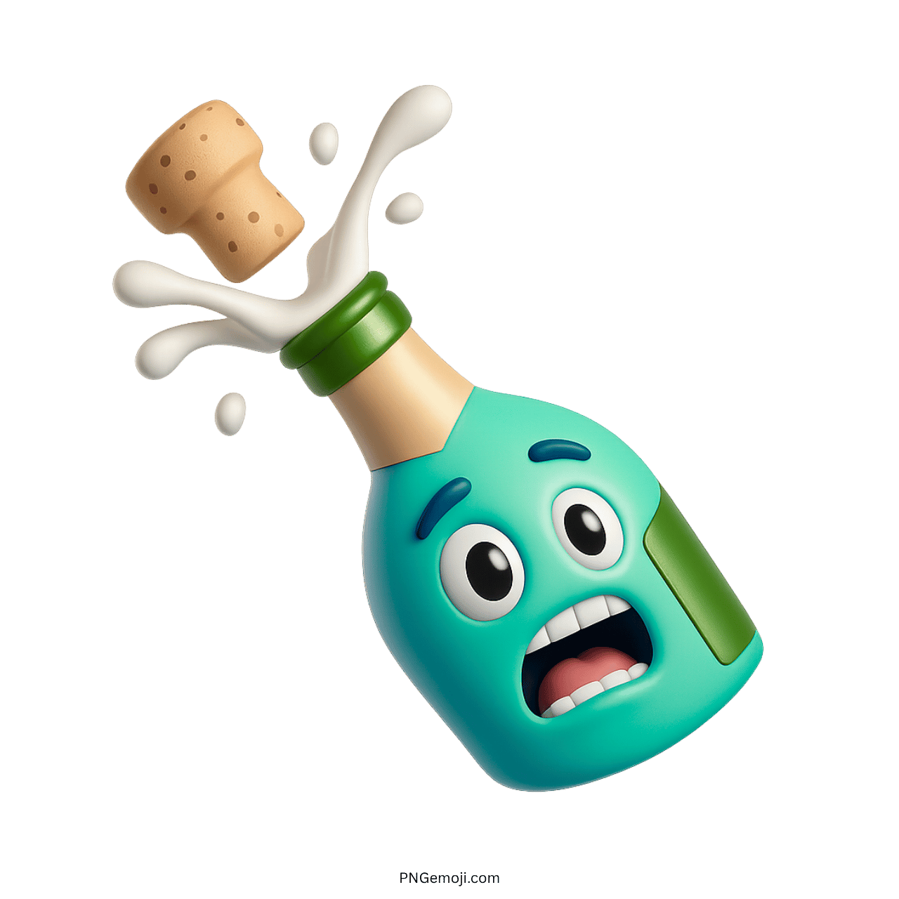 Teal champagne bottle emoji with bubbly pop and expressive cartoon face