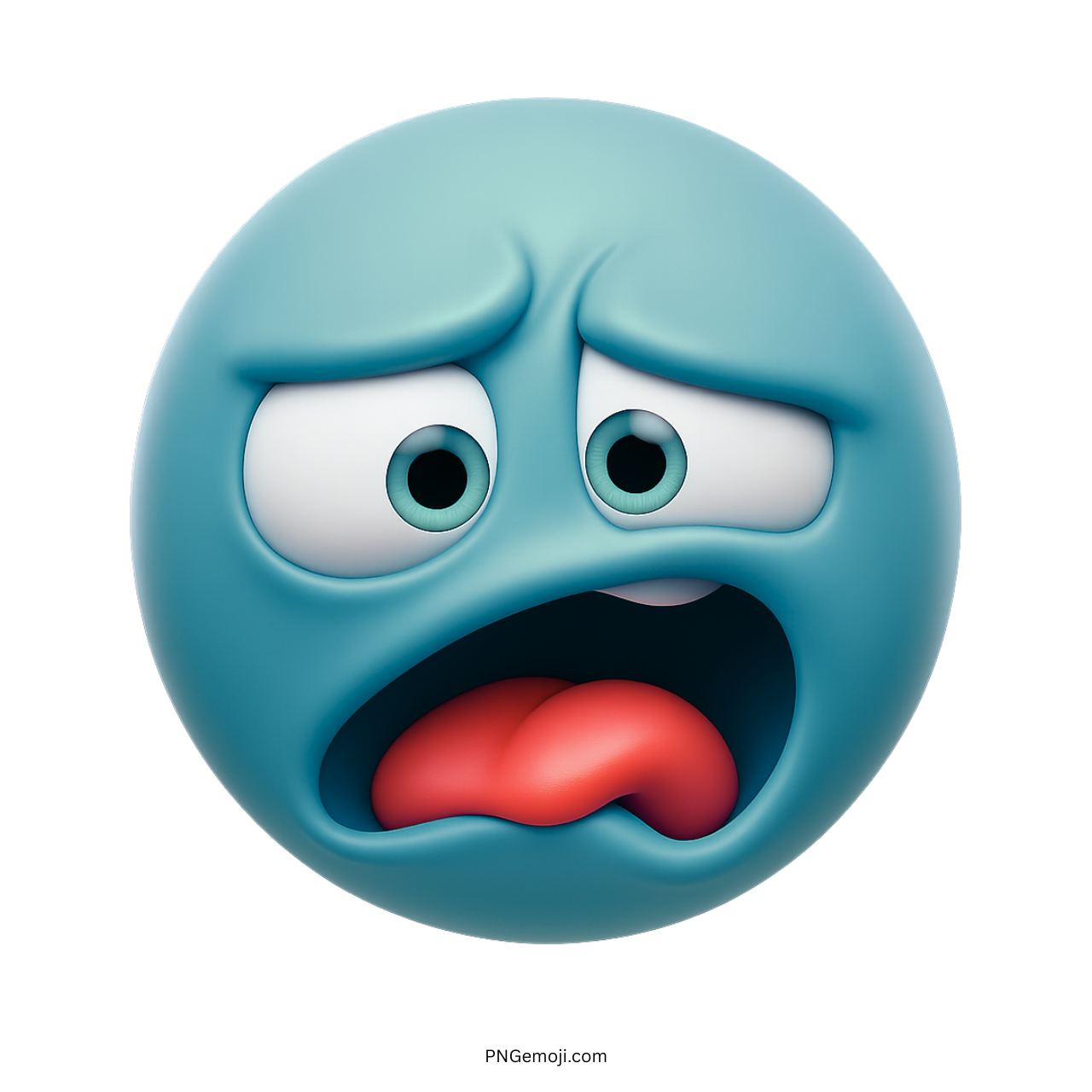 Teal emoji face with twisted expression, wide eyes, and curled tongue showing disgust