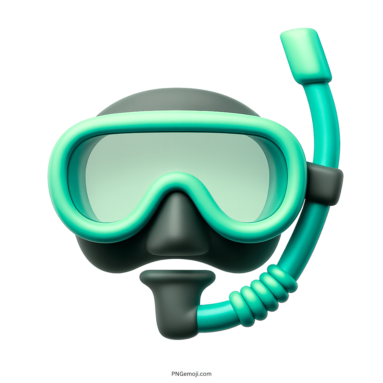Teal diving mask emoji with snorkel on green background, 3D design, ideal for underwater adventure icons.