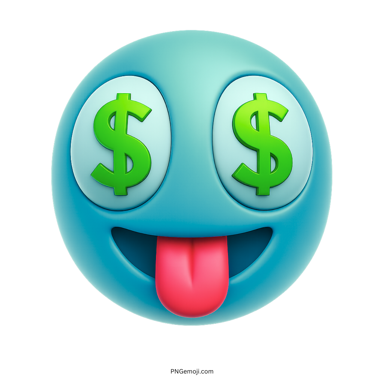 Teal emoji face with dollar sign eyes and red tongue out showing cash excitement