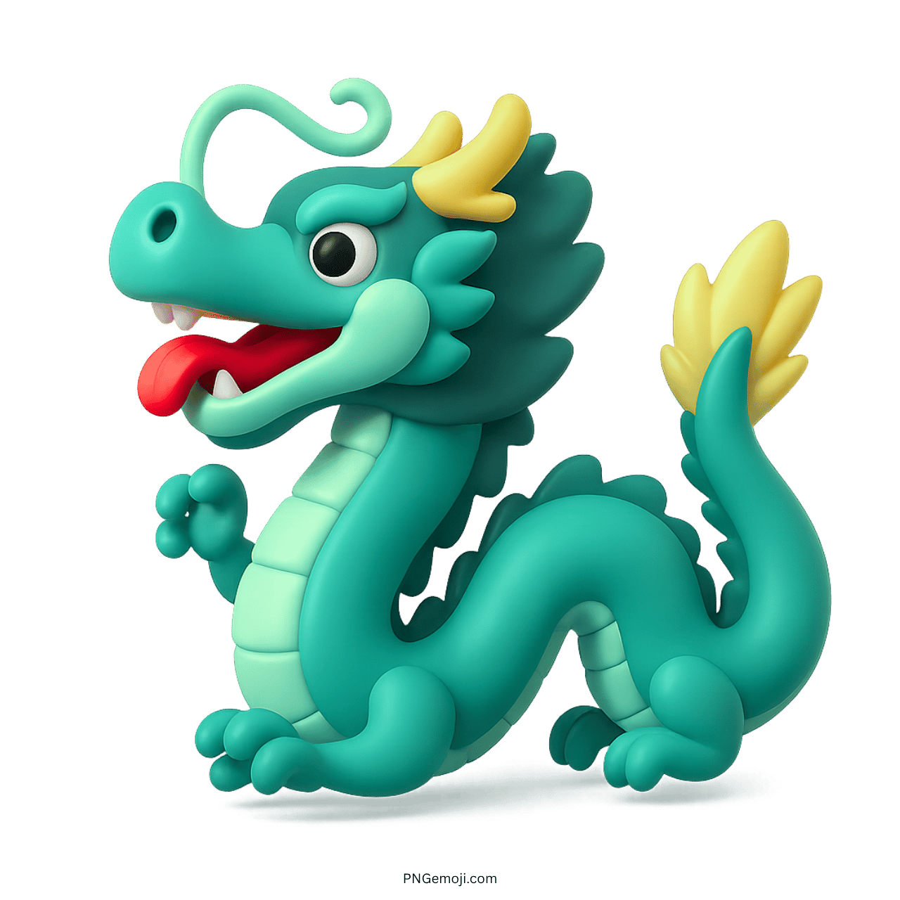Teal dragon emoji with playful expression, yellow horns, and red tongue, cartoon-style, symbolizing fun and fantasy.