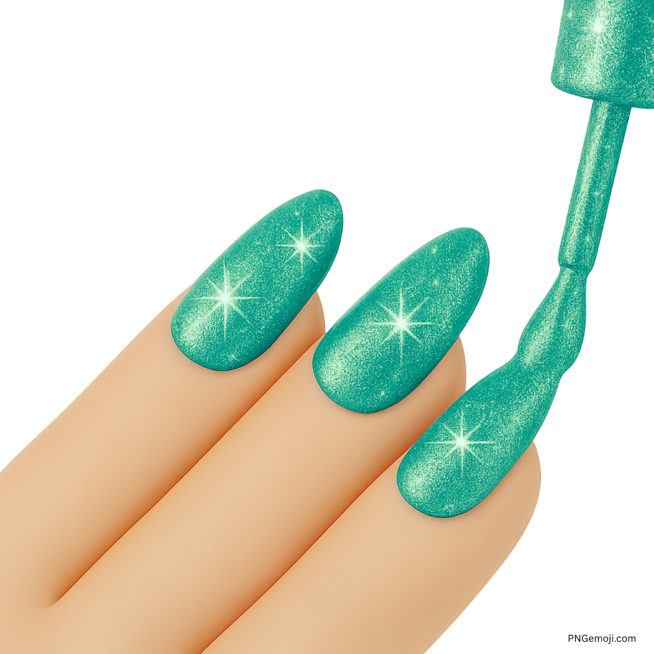 Teal green glitter nail polish applied on shiny emoji nails with sparkles and brush