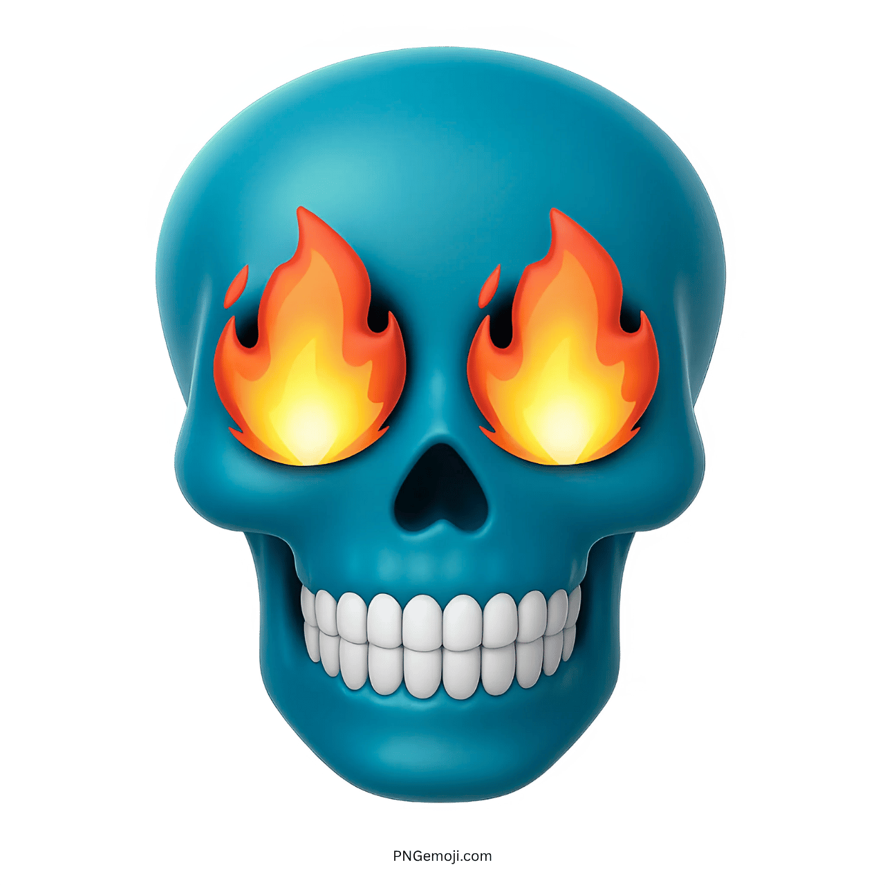 Teal skull emoji with flaming fire eyes and teeth