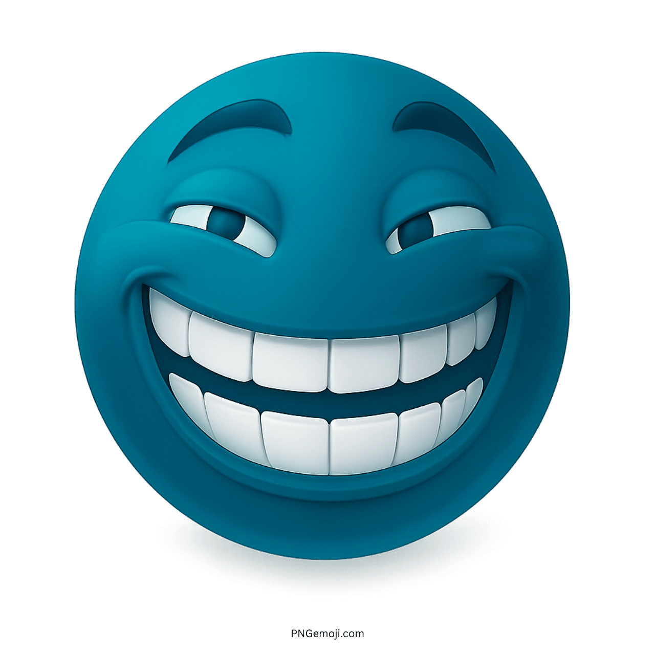 Teal troll face emoji with wide mischievous grin and confident raised eyebrows
