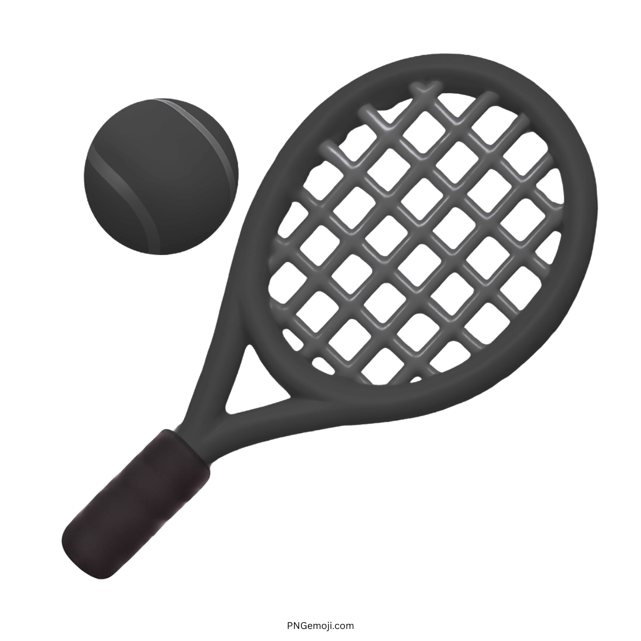 3D black tennis racket and ball emoji PNG image with transparent background