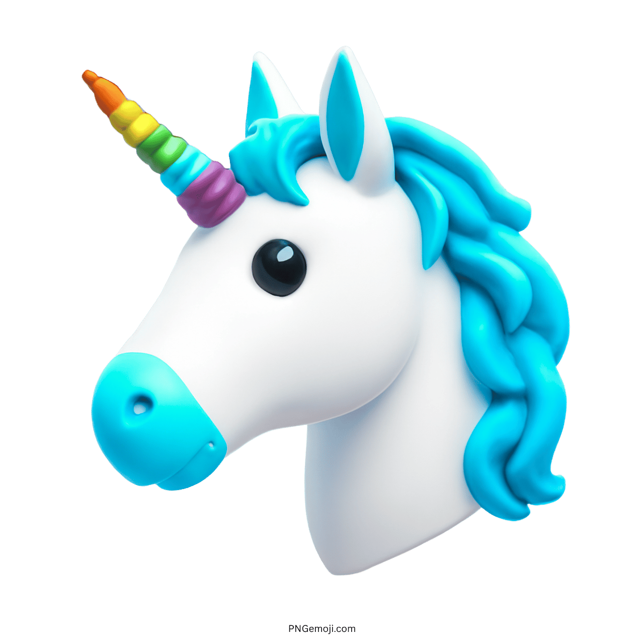 3D-rendered unicorn emoji with rainbow horn and blue mane on a transparent background.